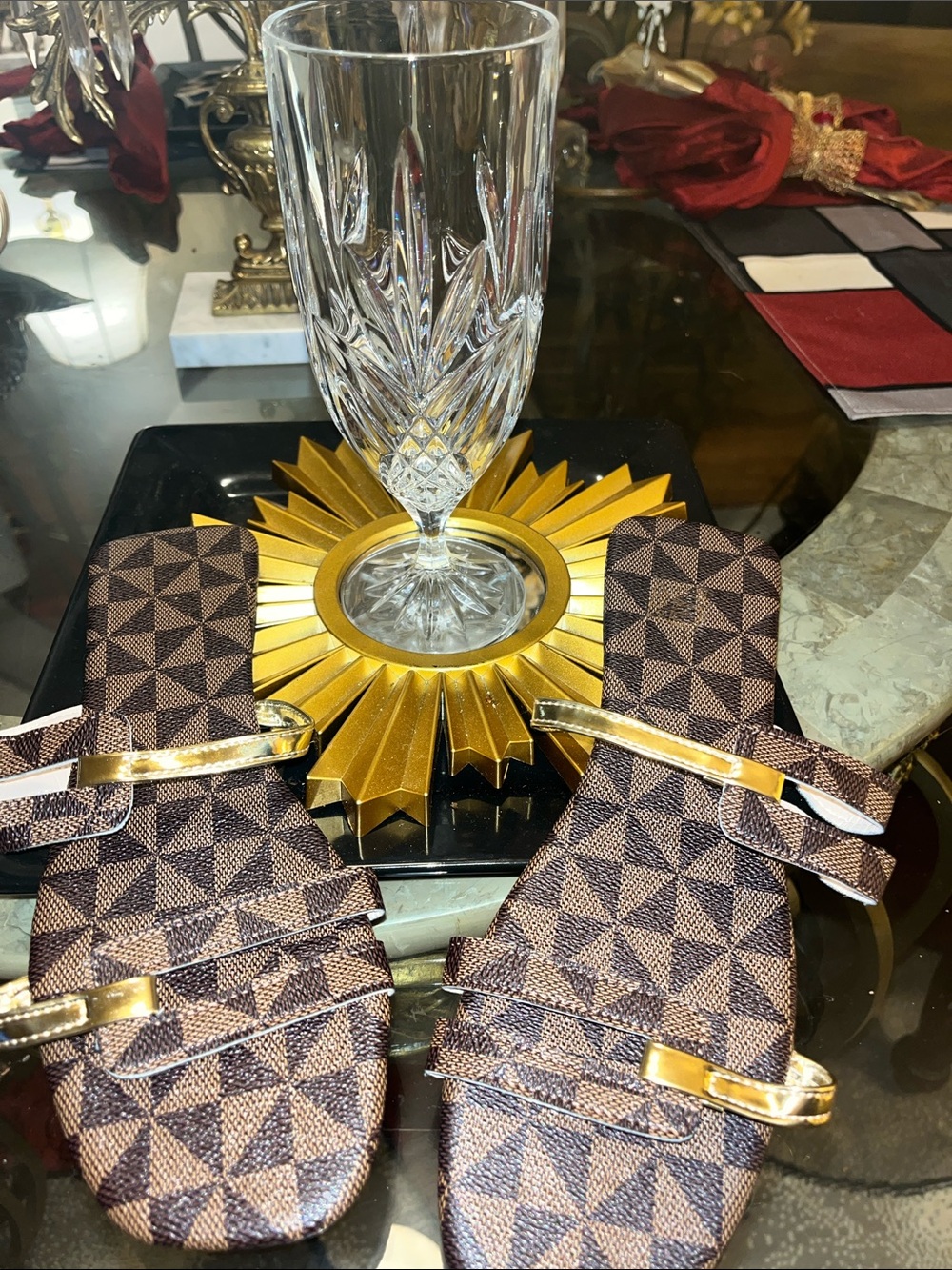 Womens Brown Patterned Slide Sandals with Gold Accent😜